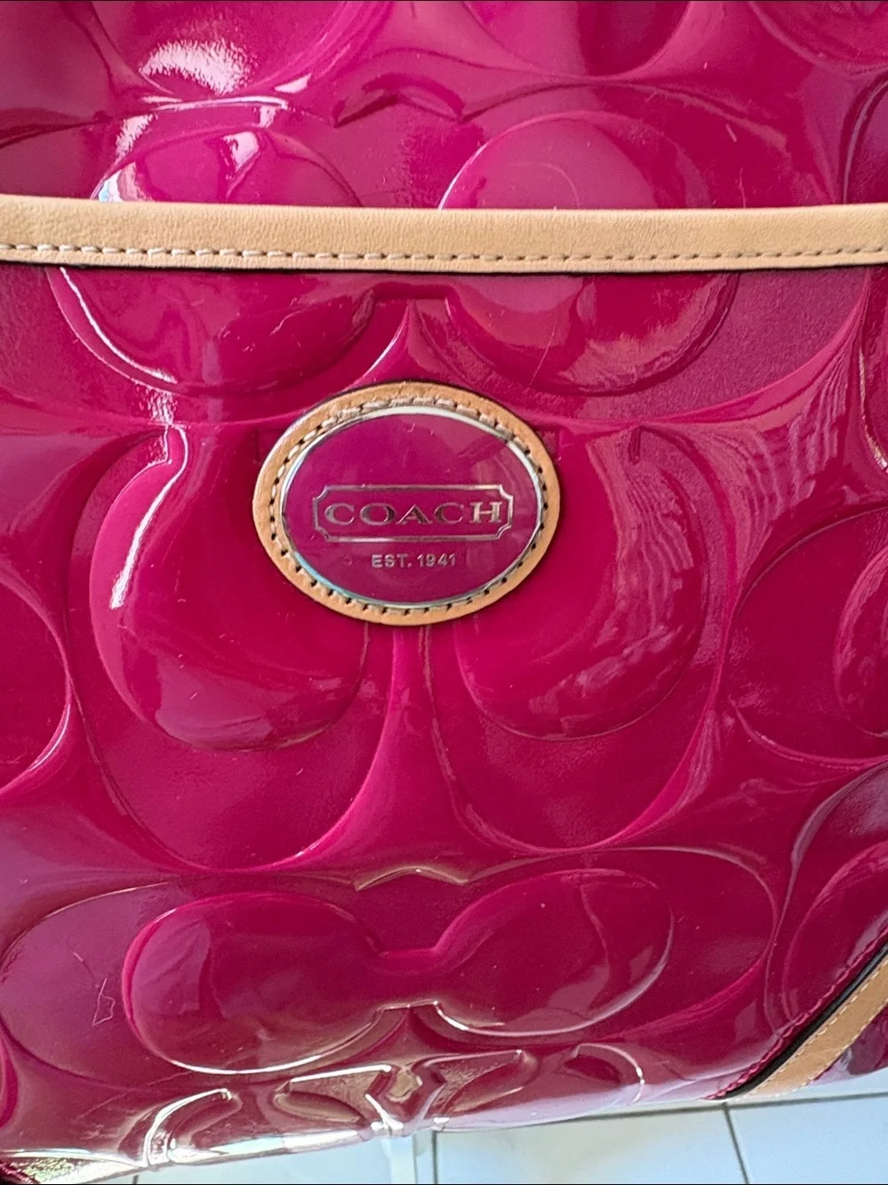 Coach Peyton Patent convertible bag Shoulder/Crossbody Fuchsia /Tan leather Trim